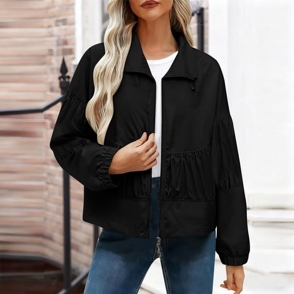 QUNYINEY Women Fall Jacket Lightweight Black Puffer Full Zip Cropped Outwear Collar Loose Fit Pleated Long Sleeve Women Coats