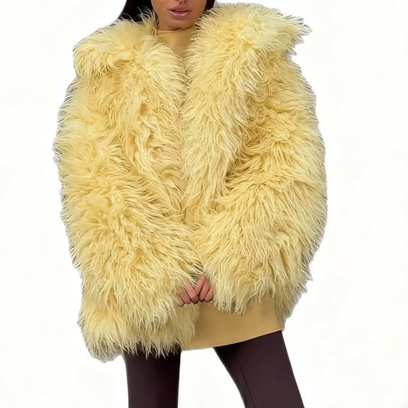 QUNYINEY Women Fall Jacket Yellow Faux Fur Outwear Loose Fit Open Front Lapel Collar Warm Long Sleeve Women Coats