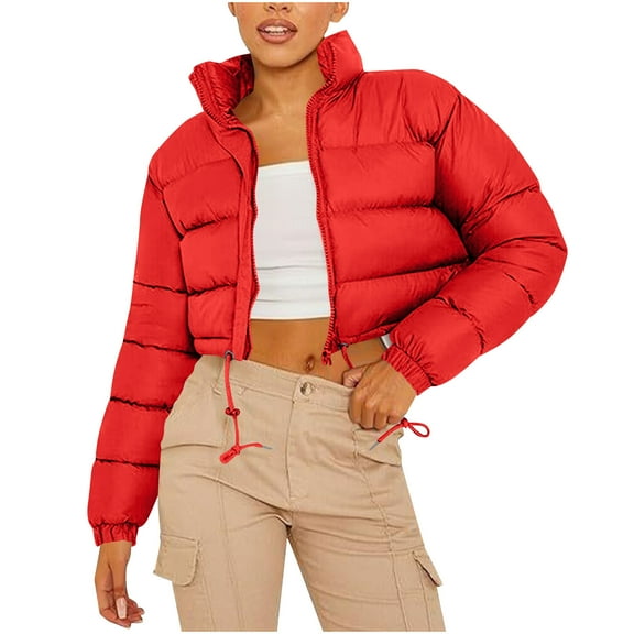 QUNYINEY Women Fall Puffer Jacket Cropped Zip Up Red Outerwear Loose Fit Long Sleeve Stand Collar Warm Womens Coats