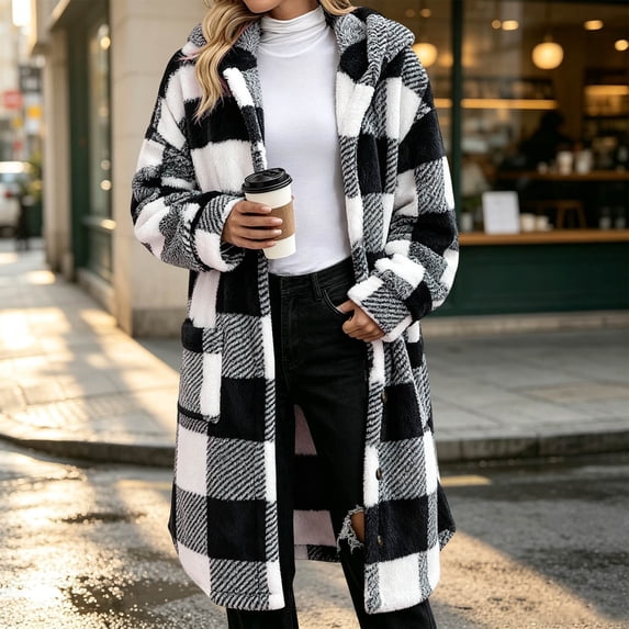 QUNYINEY Women Fleece Jacket Hooded Button Down Plaid Long Outerwear Jackets with Pockets Long Sleeve Winter Coats