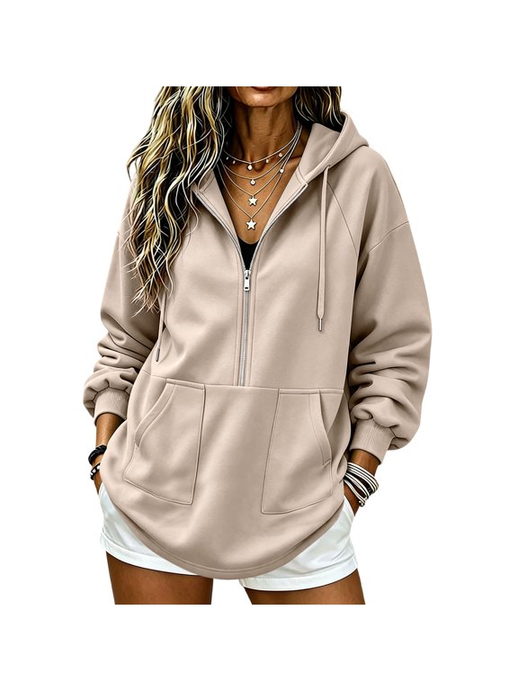 Women Fleece Lined Jacket Half Zip Warm Hooded Outerwear Jackets with Pockets Solid Color Long Sleeve Coats