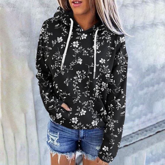 QUNYINEY Women Hoodies Floral Long Sleeve Pullover Plus Size Hoodies Sweatshirt with Pocket Loose Fit Drawstring Womens Casual Tops