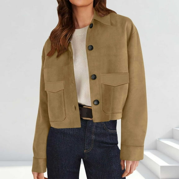 QUNYINEY Women Jacket Lightweight Yellow Suede Cropped Shirts Jacket Slim Fit Turndown Collar with Pockets Long Sleeve Women's Coat