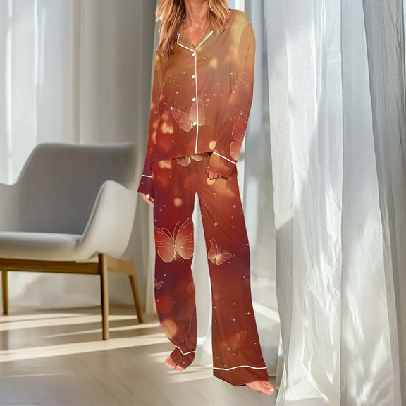QUNYINEY Women Pajama Set Butterfly Loungewear Comfy Long Sleeve Tops and Pants Loose Fit Notch Collar with Pockets Button Down Womens Two Piece Outfits