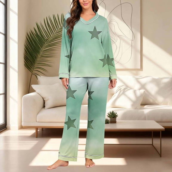 QUNYINEY Women Pajama Set Long Sleeve Star Sleepwear Soft Shirts and Pants V Neck Loose Fit Womens Two Piece Outfits