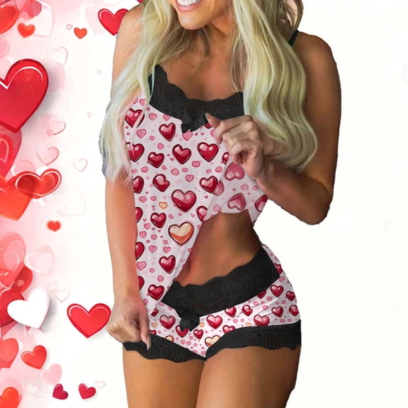 QUNYINEY Women Pajama Sets Lace Valentine Love Heart Sleeveless Nightwear Tank Tops and Shorts Crew Neck Loose Fit Womens Two Piece Outfits
