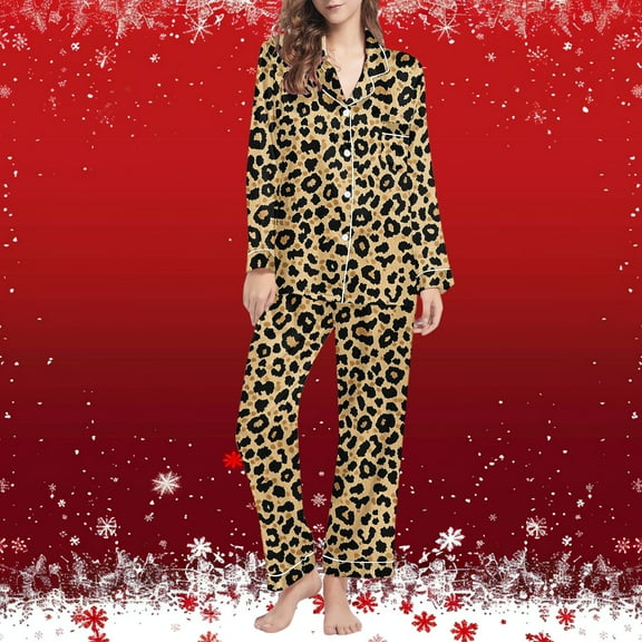 QUNYINEY Women Pajama Sets Long Sleeve Leopard Print Comfy Nightwear Button Down Shirts and Pants Loose Fit Notch Collar with Pocket Women Two Piece Outfits Sets