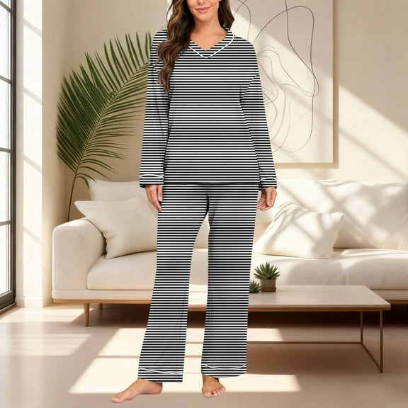 QUNYINEY Women Pajama Sets Loungewear Striped Long Sleeve Comfy Tops and Pants Loose Fit V Neck Womens Two Piece Outfits