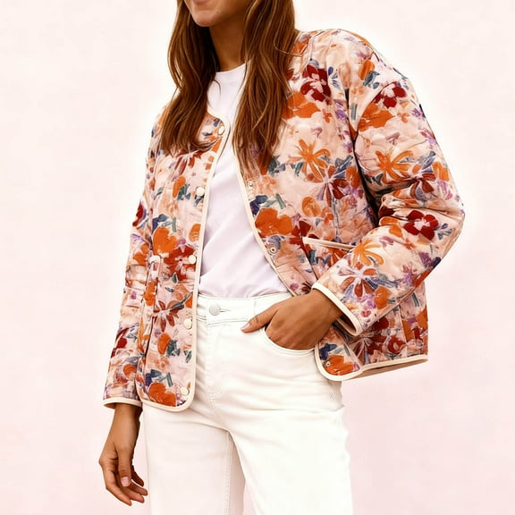 QUNYINEY Women Quilted Jackets Fall Lightweight Floral Shacket Jacket Long Sleeve with Pockets Loose Fit Button Women Coat