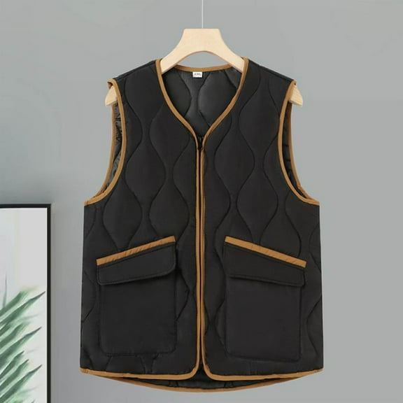 QUNYINEY Women Quilted Vest Black Zip Up Coat with Pockets Loose Fit V Neck Lightweight Sleeveless Jacket for Women