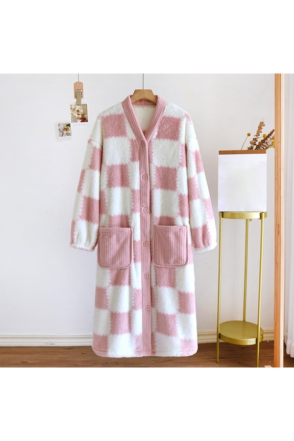 Women Robe Long Plaid Fluffy Plush House Coat Loose V Neck Button Front Long Sleeve with Pocket Womens Loungewear