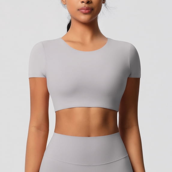 QUNYINEY Women Shirts Casual Short Sleeve Solid Crew Neck Tops Workout Yoga Quick Dry Slim Crop Shirts