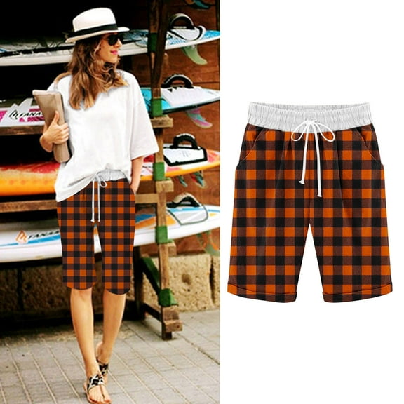 QUNYINEY Women Shorts High Waist Plaid Casual Bermuda Shorts Elastic Waist Loose Summer Comfy Shorts