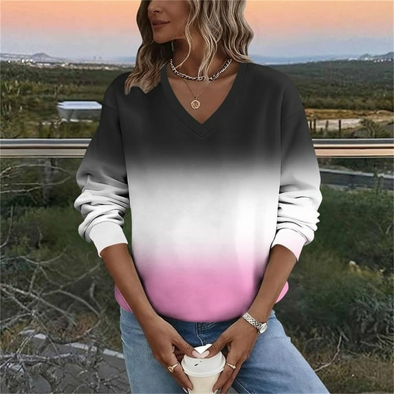 QUNYINEY Women Sweatshirt Long Sleeve Gradient No Hood Plus Size Crew Neck Pullover Shirts Winter Loose Fit Tops for Women Trendy