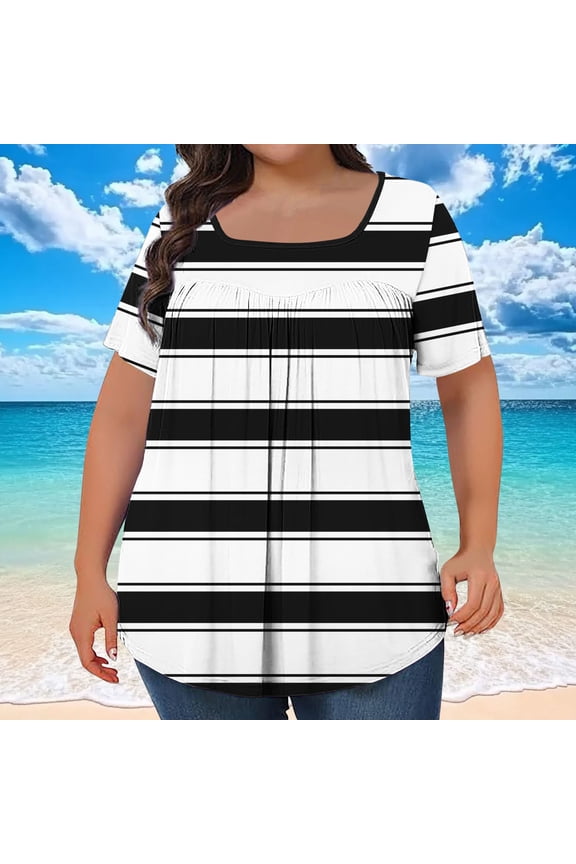 Women Tops Square Neck Short Sleeve Casual Striped Shirts Loose Plus Size Pullover Pleated Women Shirts