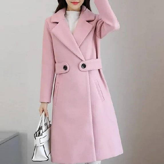 QUNYINEY Women Trench Coat Fleece Pink Outwear Button Long Sleeve Warm Loose Fit Turndown Collar Jackets for Women Trendy
