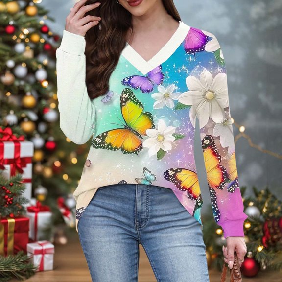 QUNYINEY Women Tshirts Butterfly V Neck Long Sleeve Plus Size Tops Loose Fit Pullover Womens Graphic Tees