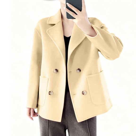 QUNYINEY Women Winter Coat Fleece Yellow Trench Coat Long Sleeve Turndown Collar with Pockets Double Breasted Loose Fit Women Jacket