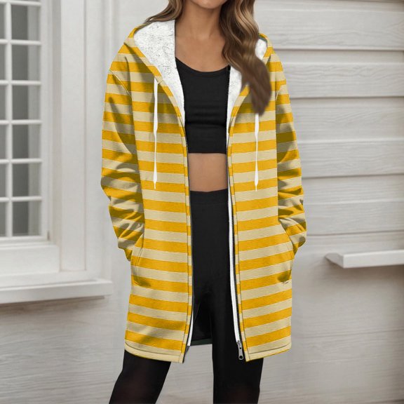 QUNYINEY Women Winter Coats Hooded Striped Long Zip Up Fleece Outerwear with Pockets Warm Long Sleeve Loose Fit Women's Jackets