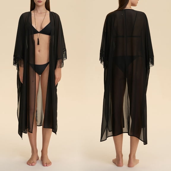 QUNYINEY Women's Bathrobe Black Fringe Mesh Long Sleeve Long Kimono Lightweight Loose Fit Gowns for Women Sleepwear