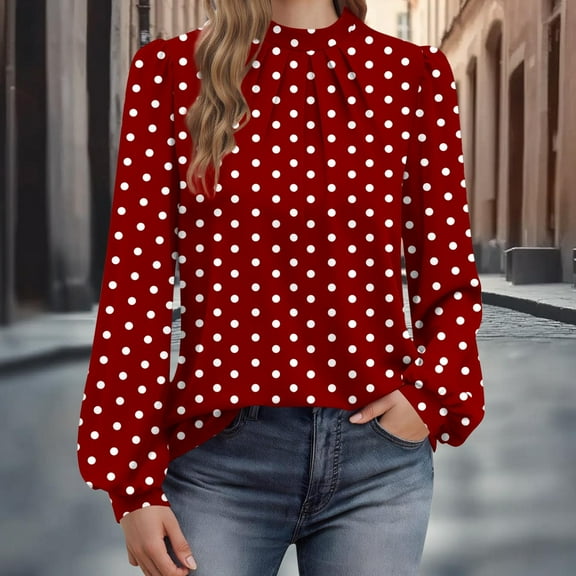QUNYINEY Women's Blouses Puff Long Sleeve Polka Dot Boho Pleated Tops Loose Fit Crew Neck Pullover Long Sleeve Shirts for Women