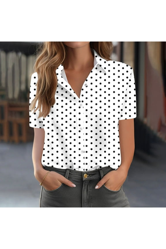 Women's Button Down Shirts Collared Short Sleeve Casual Polka Dot Blouses Loose Women's Blouse