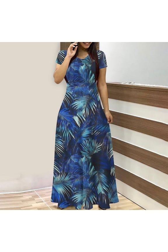 Women's Dresses Casual Hawaiian Short Sleeve A-Line Dress Flowy Crew Neck Empire Waist Maxi Sundress