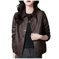 thumbnail image 1 of QUNYINEY Women's Faux Leather Jacket Brown Cropped Motorcycle Windbreaker Loose Fit Collar Long Sleeve Button Down Coat for Women, 1 of 5