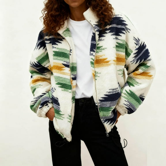 QUNYINEY Women's Jacket Fleece Vintage Zip Up Outerwear Loose Fit with Pockets Long Sleeve Stand Collar Women Coats