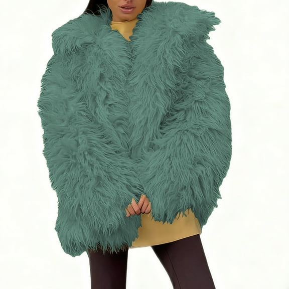 QUNYINEY Women's Jackets for Fall Green Faux Fur Outwear Long Sleeve Open Front Loose Fit Warm Lapel Collar Coat Women