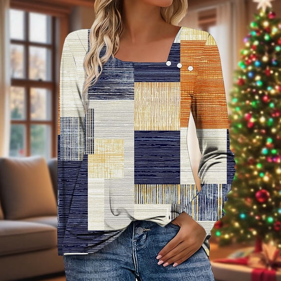 QUNYINEY Women's Long Sleeve Shirts V Neck Checkered Oversized Button Tops Pullover Loose Fit Womens Graphic Tees