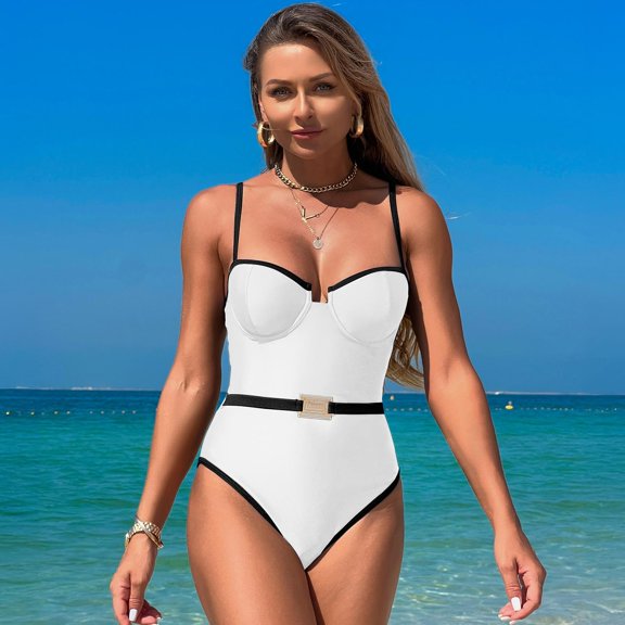 QUNYINEY Women's One-Piece Swimsuits Colorblock Spaghetti Straps Bathing Suit High Waisted Tummy Control Swimwear