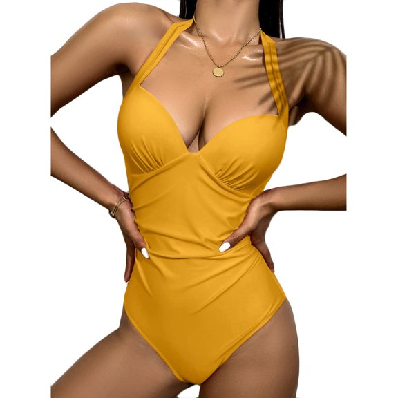 QUNYINEY Women's One-Piece Swimsuits Solid Standard Straps Bathing Suit Ruched Tummy Control Swimwear
