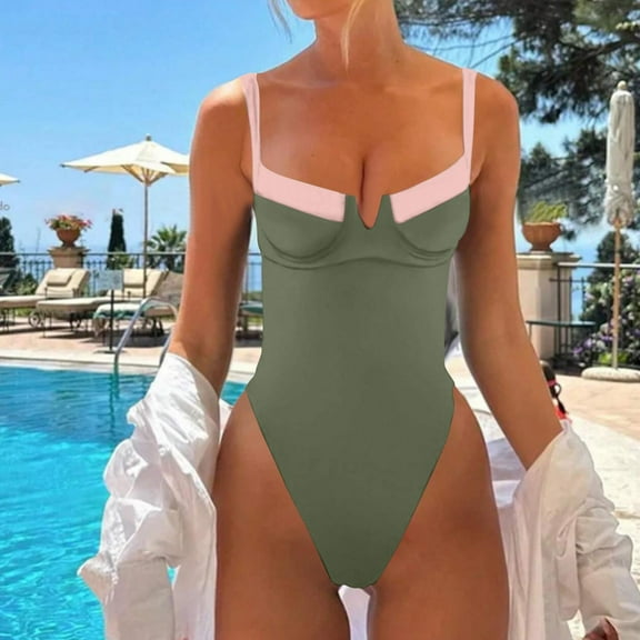 QUNYINEY Women's One-Piece Swimsuits Spaghetti Straps Colorblock Bathing Suit High Waisted Tummy Control Swimwear