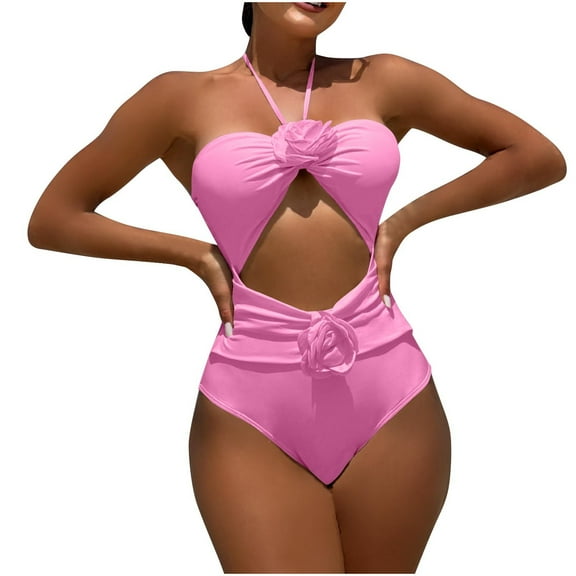 QUNYINEY Women's One-Piece Swimsuits Spaghetti Straps Floral Bathing Suit Cutout High Waisted Swimwear
