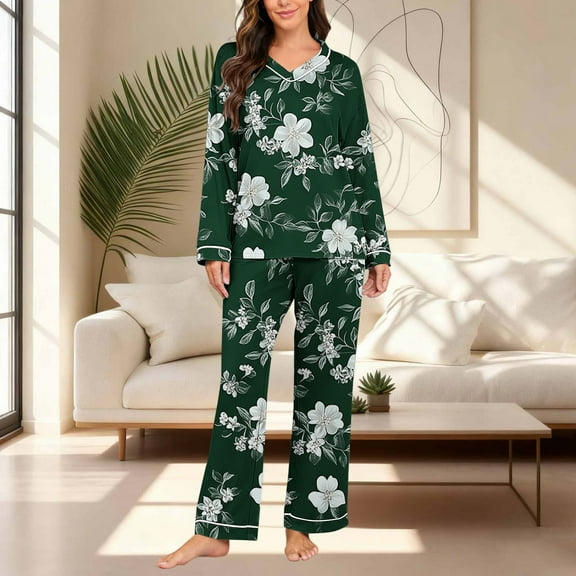 QUNYINEY Women's Pajama Sets Long Sleeve Floral Cute Loungewear Tops and Pants Loose Fit V Neck Womens Sets 2 Piece Outfits