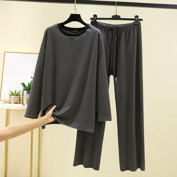 QUNYINEY Women's Pajamas Set Sleepwear Striped Flannel Long Sleeve 2 Piece Plus Size Shirts and Pants Loose Fit Crew Neck Drawstring Casual Outfits for Women