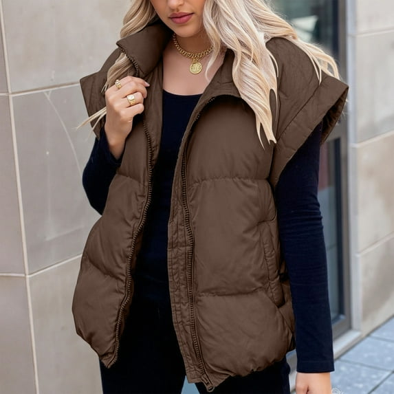 QUNYINEY Women's Puffer Vest Zip Up Fall Brown Waistcoat Warm Sleeveless Loose Fit with Pockets Winter Jackets for Women