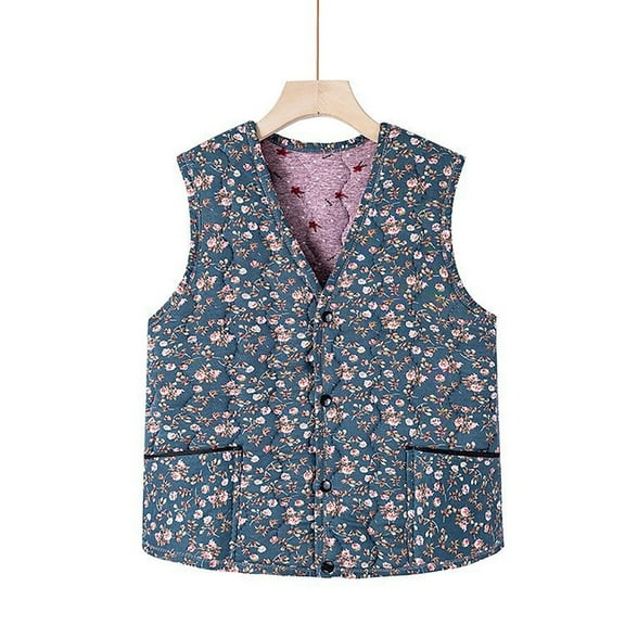 QUNYINEY Women's Quilted Vests Floral Sleeveless Fleece Outwear Button Down Loose Fit V Neck with Pockets Women Jacket
