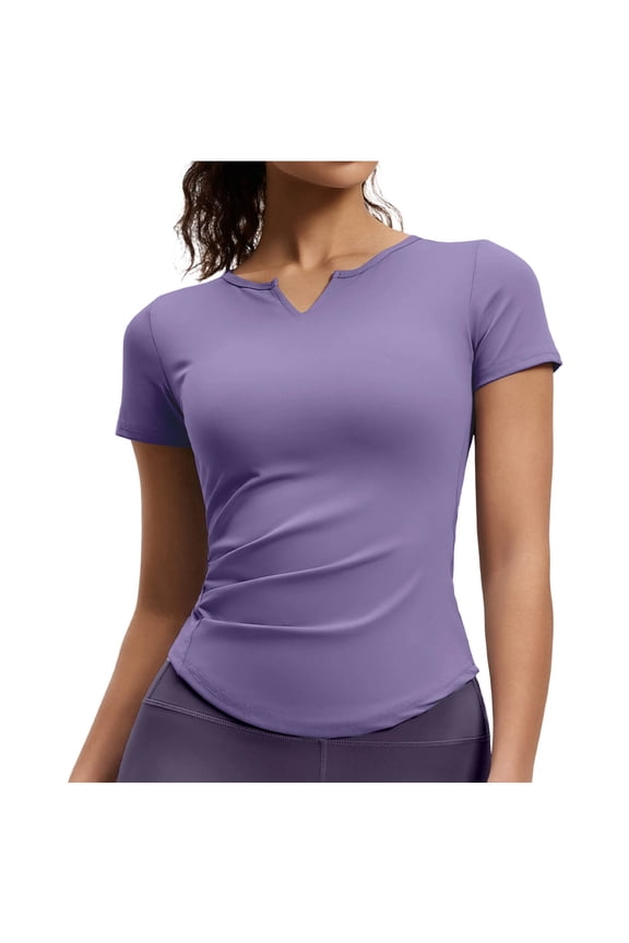 Womens T-Shirts Short Sleeve Workout Yoga Purple Undershirts Slim Fit V Neck Gym Pullover Stretch Tops