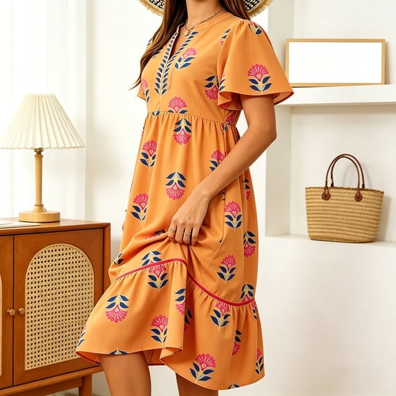 QUNYINEY Women's Summer Dresses A Line Short Sleeve Midi Floral Sundress Loose Fit Flowy Casual V Neck Ruffle Dresses