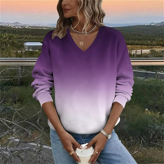 QUNYINEY Women's Sweatshirt Plus Size Gradient Long Sleeve Crew Neck No Hood Pullover Shirts Winter Loose Fit Tops for Women