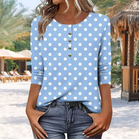 QUNYINEY Women's T Shirts Casual Crew Neck 3/4 Sleeve Polka Dot Tops Summer Button Loose Pullover Women's Tops