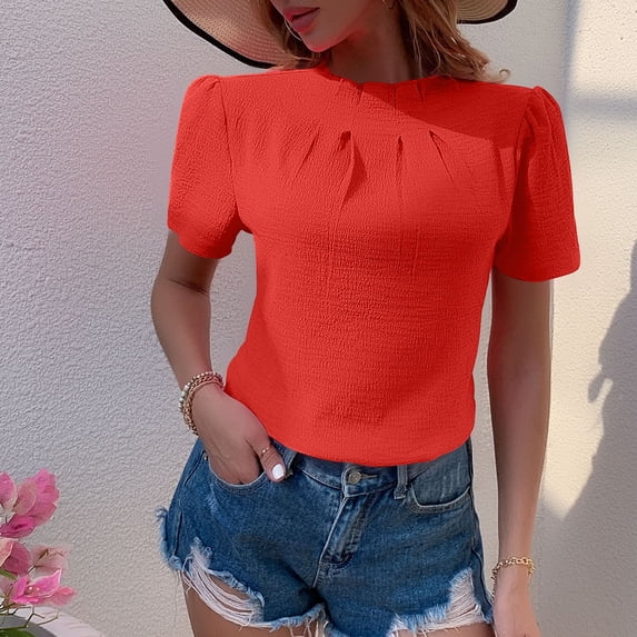 QUNYINEY Women's T-Shirts Crew Neck Solid Puff Short Sleeve Casual Tops Pleated Slim Pullover Shirts