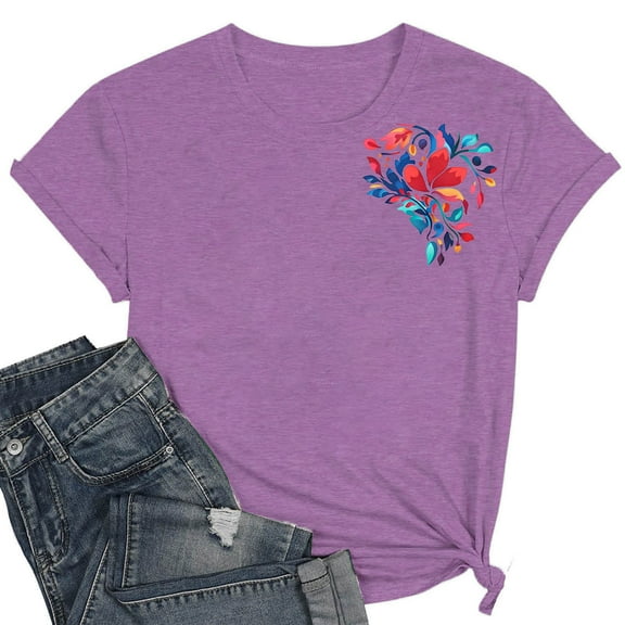 QUNYINEY Women's T-Shirts Floral Short Sleeve Crew Neck Casual Tops Pullover Loose Womens Tops