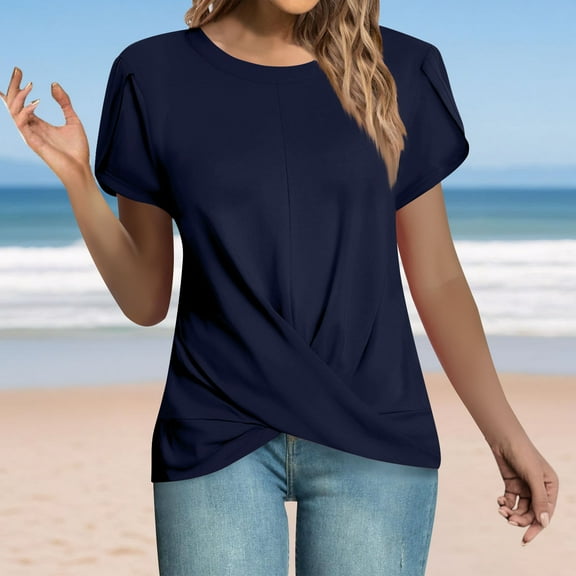 QUNYINEY Women's T-Shirts Short Sleeve Solid Crew Neck Casual Tops Twist Knot Loose Pullover Shirts