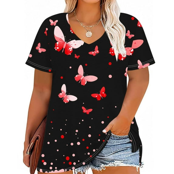 QUNYINEY Women's T-Shirts V Neck Short Sleeve Casual Butterfly Tops Loose Pullover Plus Size Shirts Womens Tops Trendy