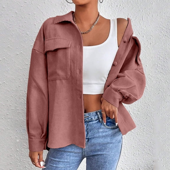 QUNYINEY Women's Winter Jacket Pink Lightweight Corduroy Shacket Button Down with Pockets Long Sleeve Collar Loose Fit Women Coats