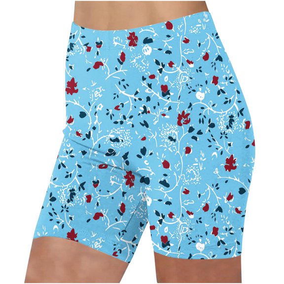QUNYINEY Women's Yoga Shorts Athletic Blue Workout Floral Legging Elastic Waist Running Slim Bottoms