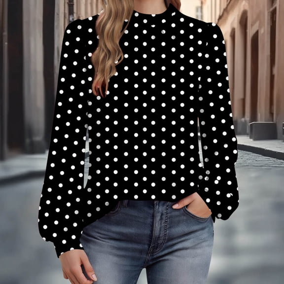 QUNYINEY Womens Blouses Casual Puff Long Sleeve Polka Dot Pleated Boho Tops Loose Fit Pullover Crew Neck Women's T-Shirts